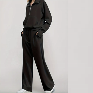 Ensemble haut et pantalon à manches longues décontracté pour femmes, couleur unie, coupe ample, sweat à capuche et pantalon à demi-fermeture éclair - Product Image 6