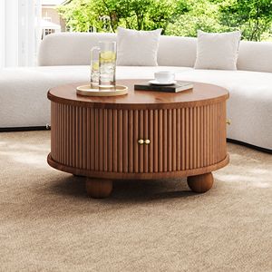 Tavolino da Caffè Scanalato in Stile Contemporaneo con Vano Contenitore, in Legno Massello di Pino e Noce, con Anta Scorrevole, 80,8 cm, Modello Basso per Soggiorno - Product Image 3