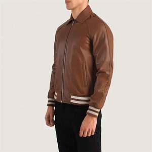<b>Mens</b> Brown PU <b>Leather</b> Bomber <b>Jacket</b> Regular Fit Collar Zipper Closure Casual Style Autumn Wear - Product Image 2