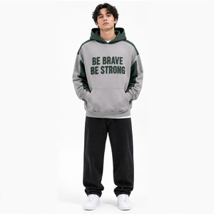 Sudadera con Capucha Be Brave Be Strong para Hombre, Color Gris Verde, Manga Raglán, Algodón French Terry, Estilo Casual Otoñal, Corte Regular, Diseño con Bolsillos - Product Image 3