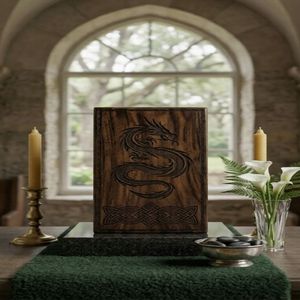 Wooden Cremation Urn Human Ashes <b>Keepsake</b> <b>Box</b> with Lid Carved Dragon Memorial Burial Container - Product Image 5