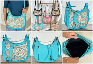 2026 Wholesale New Fashion Designer Hand Tooled Leather Shoulder Bag <b>Genuine</b> Cowhide Leather Saddle Handbags for Ladies Purses - Product Image 2