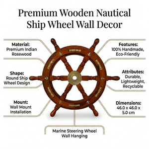 Decoración de Pared con Timón de Barco Náutico de Madera Vintage, Madera de Palisandro Indio, Estilo Costero, Hecho a Mano - Product Image 5