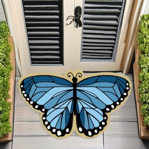 Alfombrillas de fibra de coco coloridas con temática de mariposa hechas en India modernas, respaldo de PVC con mechones lavables, diseños impresos blanqueados vibrantes para puertas - Product Image 1