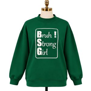 <b>Womens</b> Emerald Green Oversized Sweatshirt <b>White</b> Strong Girl Graphic Print Crew Neck <b>Long</b> <b>Sleeve</b> Casual Streetwear Pullover <b>Top</b> - Product Image 1