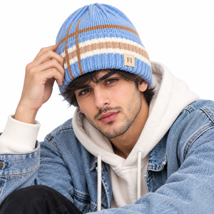 Wholesale Stretch Acrylic Knit Beanies Custom Contrast Stripe Pattern Folded Cuff Logo Patch Winter Cap Unisex <b>Warm</b> Fashion <b>Hats</b> - Product Image 3