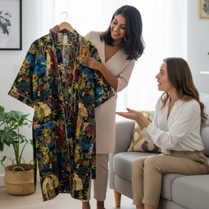 Robe kimono en coton faite à la main, col en V, manches longues, vêtements de nuit pour femmes, robe maxi d'été pour la plage, passepoil contrasté, 2 poches sur le devant - Product Image 5