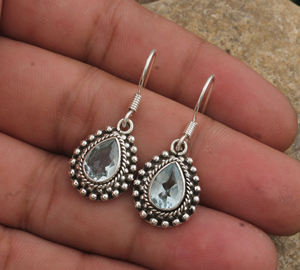 Boucles d'oreilles pendantes en topaze bleue naturelle de luxe, argent sterling 925 plaqué or, pierre précieuse artisanale pour femmes, cadeau de fête - Product Image 5