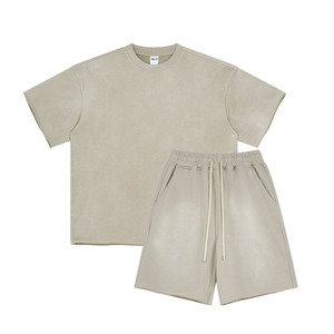 ชุดเสื้อและกางเกงขาสั้นกีฬาฤดูร้อนสำหรับผู้ชาย ผ้าฝ้าย ลวดลายซันเฟด แอซิดวอช พร้อมโลโก้สั่งทำพิเศษ ชุดวิ่งสำหรับผู้ชายแบบสั่งทำ - Product Image 5