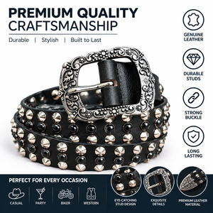 <b>Vintage</b> Heavy Studded 100% Premium Genuine Leather <b>Belt</b> with Studs and Ornate Buckle for Casual Western Garments - Product Image 1