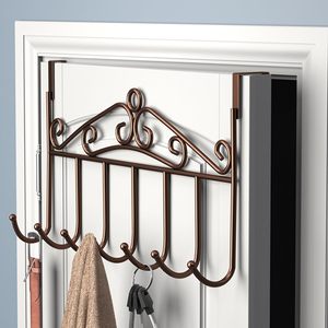 <b>Gold</b> Over-the-Door Hook Rack with Storage Basket 7 Hooks Metal Hanging Organizer for Bathroom Bedroom Kitchen - Product Image 4