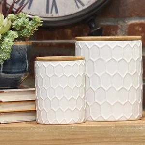 Modern Ceramic Canister Set Wooden Lid Geometric Embossed Airtight <b>Storage</b> <b>Jars</b> Luxury <b>Kitchen</b> Counter Organizer Collection - Product Image 2