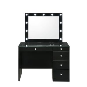 Juego de tocador de maquillaje de 2 piezas con iluminación LED negra, tapa de cristal y 5 cajones con tiradores de cristal, muebles de dormitorio de madera - Product Image 2