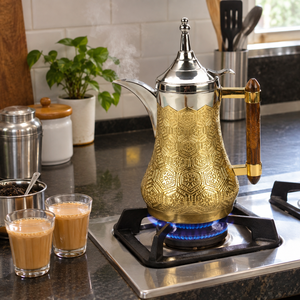 Proveedor de teteras Dallah árabes de dos tonos (plateado y dorado) de acero inoxidable y latón con mango de imitación madera y patrón étnico para hervir agua - Product Image 4