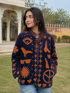 <b>Womens</b> <b>Navy</b> Blue Embroidered <b>Quilted</b> <b>Jacket</b> Boho Geometric Symbol Embroidery Knitted Eco-Friendly Ethnic Full Sleeve Fashion - Product Image 3