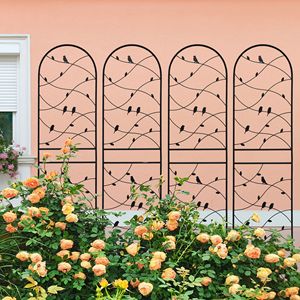 Set di 4 tralicci da giardino in metallo neri antiruggine da 180 cm x 50 cm con decorazioni a forma di uccello per piante rampicanti e supporto per fiori da esterno - Product Image 1