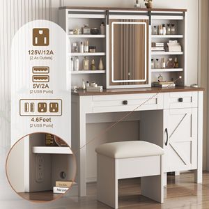 Toeletta da trucco in stile rustico con ripiani multilivello, specchio scorrevole, luci, porta asciugacapelli e presa di ricarica - Product Image 3