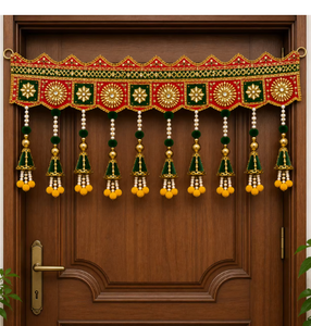 Traditional Indian Door Toran with Red Green Embroidery and Tassels for Entryway Decor - Product Image 5