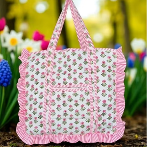 Customized Quilted Cotton Vintage Floral Quilted Large Ruffle Tote <b>Bag</b> Handprinted <b>Boho</b> Shopping <b>Bag</b> for Women - Product Image 1