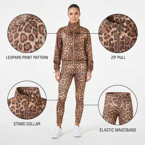 Women Leopard Print Tracksuit Full Length Zipper Jacket Jogger <b>Pants</b> Sporty Fit <b>Spandex</b> Polyester Quick Dry Spring Wear - Product Image 6