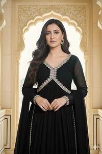 Ensemble Kurti Anarkali en georgette noire avec dupatta pour femme, deux pièces, manches longues, col en V, longueur mollet, tailleur prêt-à-porter - Product Image 5