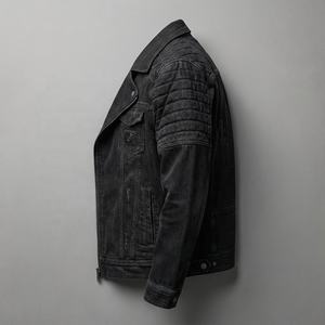 Veste en jean noire de style motard |   Veste en jean matelassée de style moto |   Fabricant de vestes en jean sur mesure avec étiquette privée OEM - Product Image 3