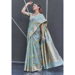 Sari de soirée en organza bleu ciel tissé Zari Elite Weaves - Product Image 3