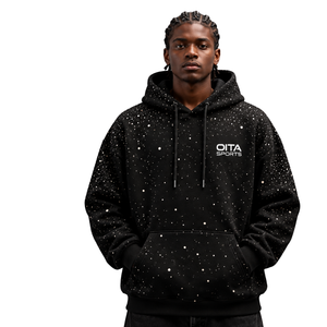 Black <b>White</b> Speckled Print Men Pullover <b>Hoodie</b> <b>Oversized</b> Fleece Sweatshirt Drawstring Hood Kangaroo Pocket Casual Streetwear - Product Image 1