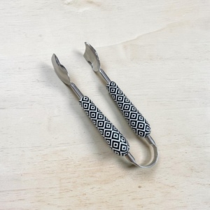 Modern Silver Plated <b>Serving</b> <b>Tongs</b> With Black White Geometric Handles Long Handle Dishwasher Safe Party Utensils - Product Image 2