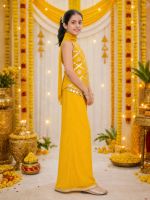 Ensemble Kurti et Palazzo pour filles Titrit Georgette sans manches, orné, style fête, en matériaux recyclés, avec foulard intégré - Jaune