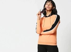 Sudadera con Capucha Naranja para Mujer con Rayas Blancas y Negras, Manga Larga, Informal, Tejida, Transpirable, Diseño Sólido - Product Image 2