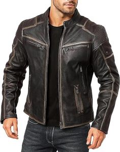 Veste en cuir d'agneau véritable de style vintage pour homme, effet vieilli, noire, style motard, veste de motard Cafe Racer - Product Image 3