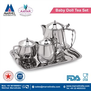 Chrome Finish Stainless Steel <b>Tea</b>/Coffee Pot <b>Set</b> with Serving Tray and Baby Doll Design Classic Style Eco-Friendly - Product Image 3