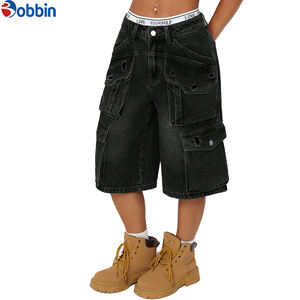 Vaqueros Cargo Holgados de Moda Sencilla para Mujer, de Pierna Ancha, Lavables, Estilo Boyfriend, con Bolsillos Laterales, de Mezclilla hasta la Rodilla, Ideales para Verano - Product Image 2