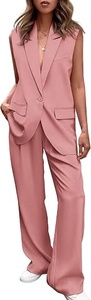 Women's Pink Sleeveless <b>Blazer</b> <b>Set</b> Loose Fit Wide Leg Pants Two Piece Suit Casual Spring Summer Solid Color Crepe Fabric - Product Image 3