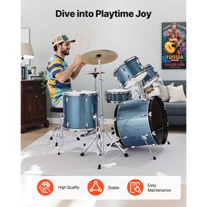 Set Batteria Junior da 22 Pollici, 5 Pezzi, per Principianti, con Bacchette Regolabili, Sgabello Musicale, Pelli Mesh e Piatti, per Bambini - Product Image 6