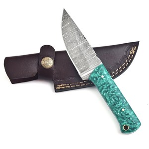 Couteau de chasse, de dépecage et de camping à lame fixe en acier Damas forgé à la main, manche en résine, lame pleine longueur, couteau personnalisé OEM/ODM, étui en cuir - Product Image 5