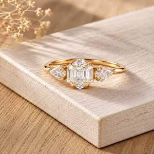 Anillo de compromiso de tres piedras con corte hexagonal, piedra en forma de cometa, diamante de compromiso, joyería nupcial, regalo único - Product Image 2