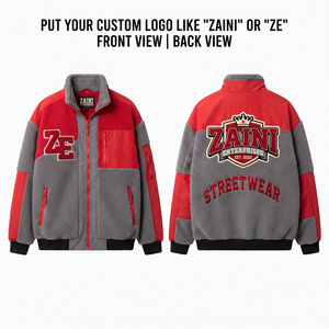Heavyweight 320 GSM Sherpa Polar Fleece <b>Jacket</b> Grey Red Contrast Panels Custom Chenille Logo Winter Streetwear - Product Image 1