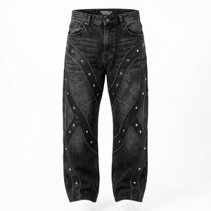 DRAVELLE INDUSTRY Jeans de moto para hombre, corte ajustado, denim oscuro, pierna recta, detalles de remaches, cintura media, estilo otoñal - Product Image 1