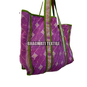Vintage Custom Logo Sari Kantha Patchwork Print Tote Shoulder <b>Bag</b> with Dual Handles <b>Quilted</b> Open Closure Cotton Lining Tassels - Product Image 2