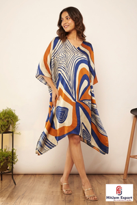 Vestido Largo Kaftan para Mujer HitJem Export, Azul Estampado, Cuello en V, Largo hasta la Rodilla, Casual, de Rayón, Corte en A, Estilo Wrap & Tie para Verano - Product Image 4