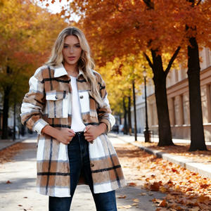 Oferta en Temu: Chaqueta tipo shacket a cuadros de manga larga para mujer, informal, con botones, bolsillos y corte holgado para otoño e invierno. - Product Image 6