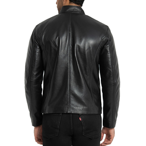 <b>Men</b> Black Genuine <b>Leather</b> <b>Jacket</b> Moto Biker Style Stand Collar Zipper Closure Slim Fit Regular Length Autumn Wear - Product Image 4