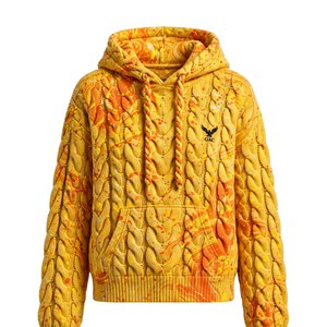 Sweat à capuche tricoté jaune-orange avec imprimé éclaboussures de peinture, cordons tressés, poche kangourou, poignets côtelés, style streetwear décontracté - Product Image 1