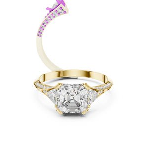 Anillo de Oro Amarillo de 14K con Esmeralda Cuadrada y Diamantes Redondos Cultivados en Laboratorio para Mujer |   Ropa de Fiesta |   Diamantes Cultivados Nuevos - Product Image 1