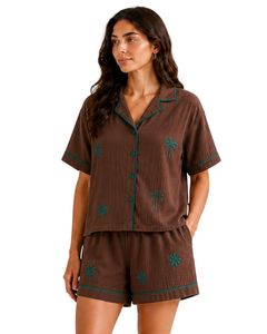 Ensemble de pyjama personnalisé marron pour femme, imprimé, à manches courtes, boutonné, vêtement de nuit doux et respirant, tenue décontractée d'été - Product Image 1