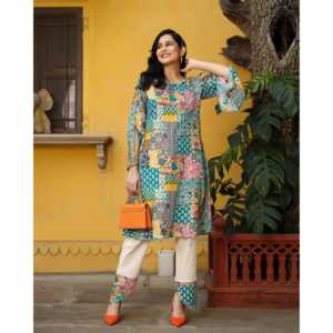 Ensemble Kurta pakistanais respirant pour femme Motley Patch en taille XS, tissu crêpe, haut à manches trois-quarts - Product Image 3