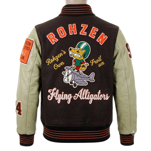 Rohzen <b>Men's</b> Vintage Varsity <b>Jacket</b> Embroidered Patch Design PU Leather Sleeve Turn-down Collar Autumn Casual Wear - Product Image 3