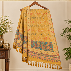 Châle long en laine rose pâle de qualité supérieure pour l'automne, style musulman, doux et agréable au toucher, avec un magnifique motif floral et une bordure somptueuse. - Product Image 3